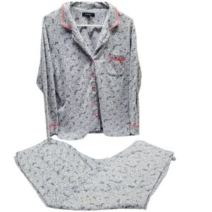 * Ellen Tracy large pajama pant set gray floral print button down top pink trim